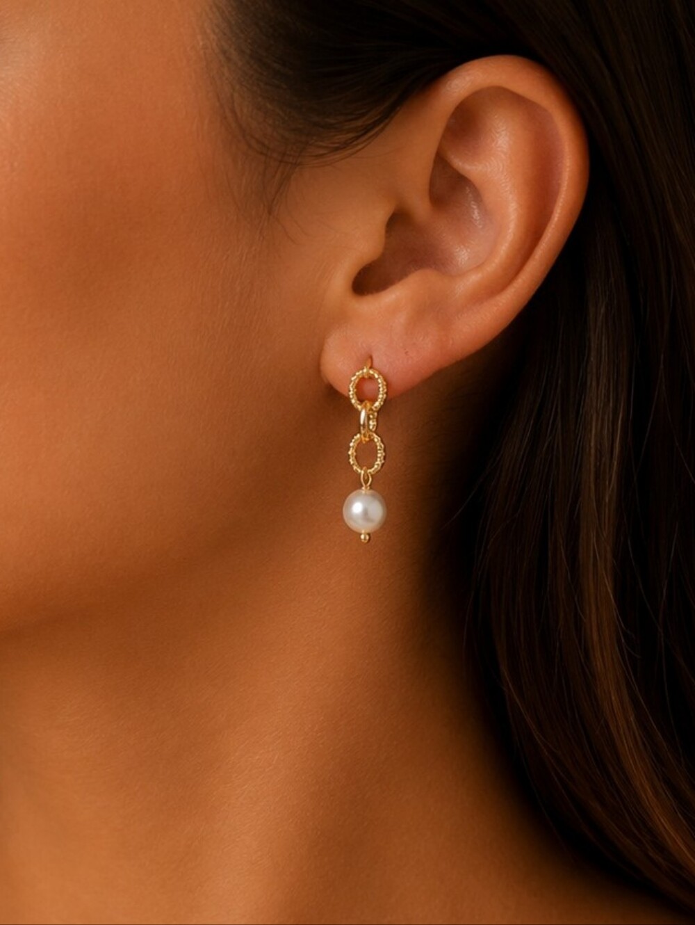 Plunder Gold Chain Link Earrings with White Pearl Drops